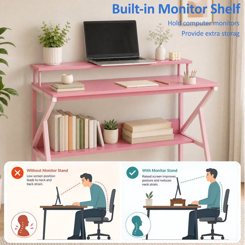 Built-in Monitor Shelf  
Hold computer monitors  
Provide extra storage  

Without Monitor Stand  
Low screen position leads to neck and back strain.  

With Monitor Stand  
Raised screen improves posture and reduces neck strain.