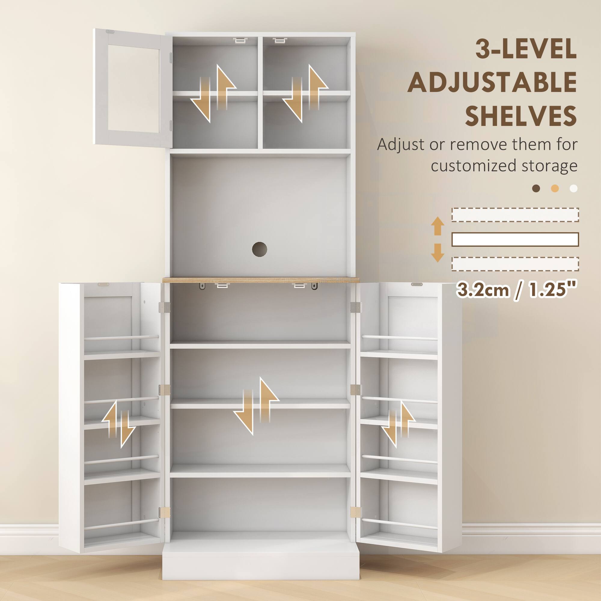 3-LEVEL ADJUSTABLE SHELVES

Adjust or remove them for customized storage

3.2cm / 1.25"