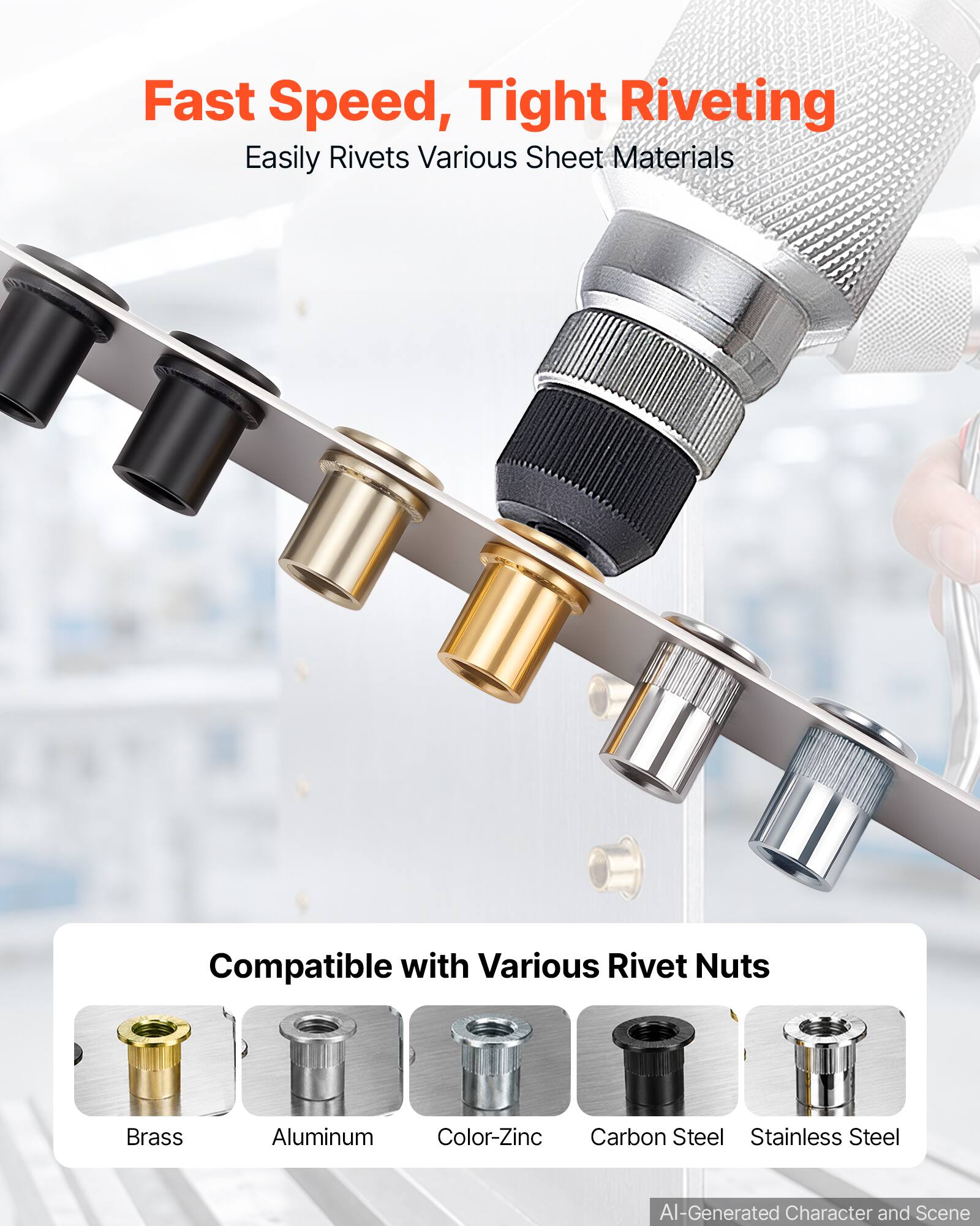 Fast Speed, Tight Riveting  
Easily Rivets Various Sheet Materials  

Compatible with Various Rivet Nuts  
Brass  
Aluminum  
Color-Zinc  
Carbon Steel  
Stainless Steel  

AI-Generated Character and Scene