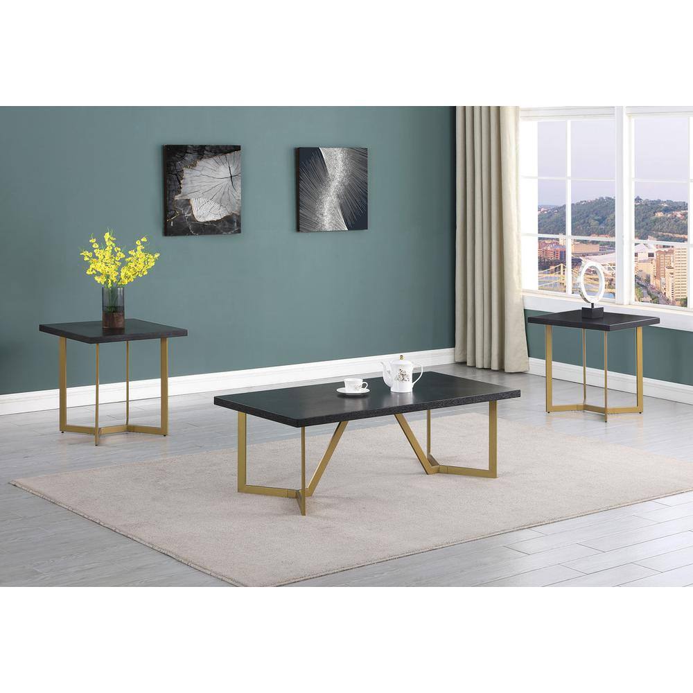 Alt View 1. Best Quality Furniture - 3pc Black wood top coffee table set w/gold color iron base (1Coffee+2end table) - Black.