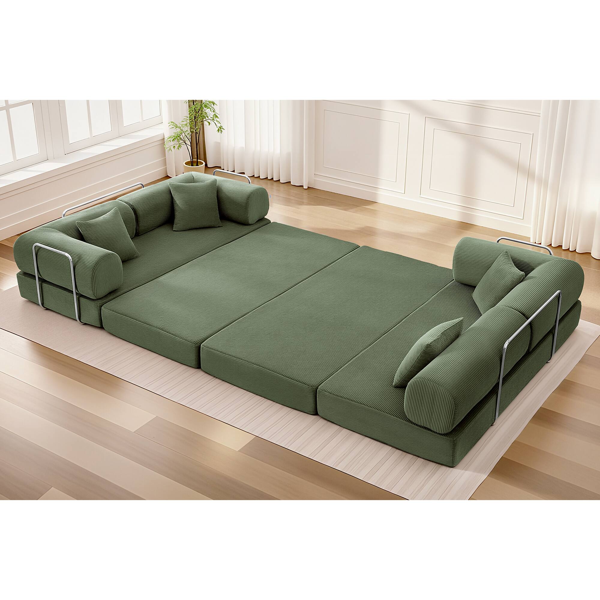 Angle. KERDOM - Upholstered L Shaped Modular Sofa Bed with Chaise, Corduroy Folding Floor Convertible Sofa Couch Bed for Living Room - Olive Green.