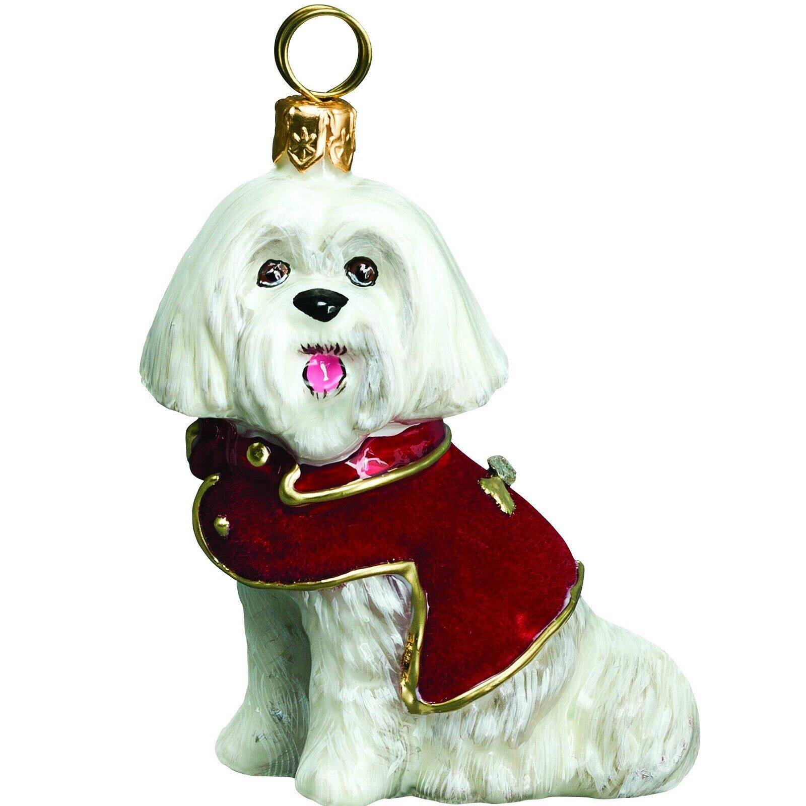 Joy to the World Collectibles - Joy to the World Maltese in Red Velvet Coat Polish Glass Christmas Ornament - White