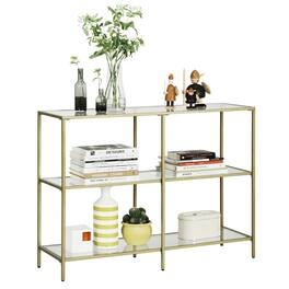 Songmics Home - 39.4 Inch Console Table with 3 Shelves, Sofa Table, Entryway Table, Metal Frame, Tempered Glass Shelf, Modern Style - Metallic Gold and Transparent