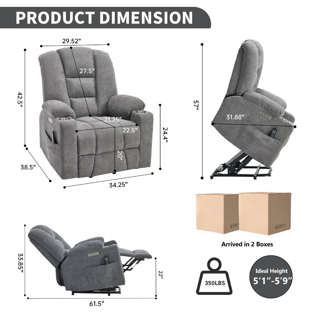 PRODUCT DIMENSION

29.52"
42.5" 38.5"
27.5" 21.25" 22.5" 20"
24.4"
57"
31.88"
34.25"
33.85"
22"
61.5"

Arrived in 2 Boxes
Ideal Height 5'1"-5'9"
350LBS