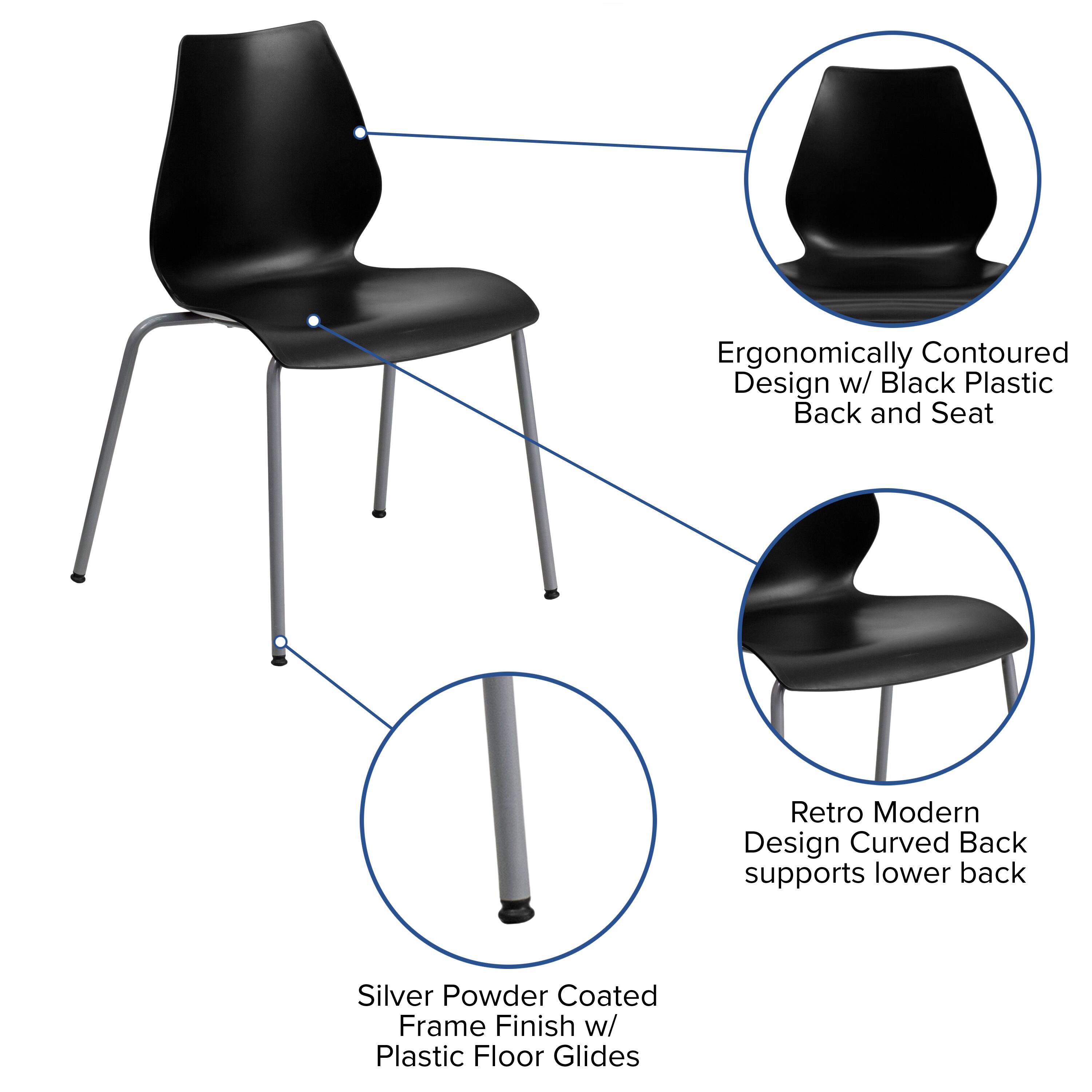 Ergonomically Contoured Design w/ Black Plastic Back and Seat  
Retro Modern Design Curved Back supports lower back  
Silver Powder Coated Frame Finish w/ Plastic Floor Glides
