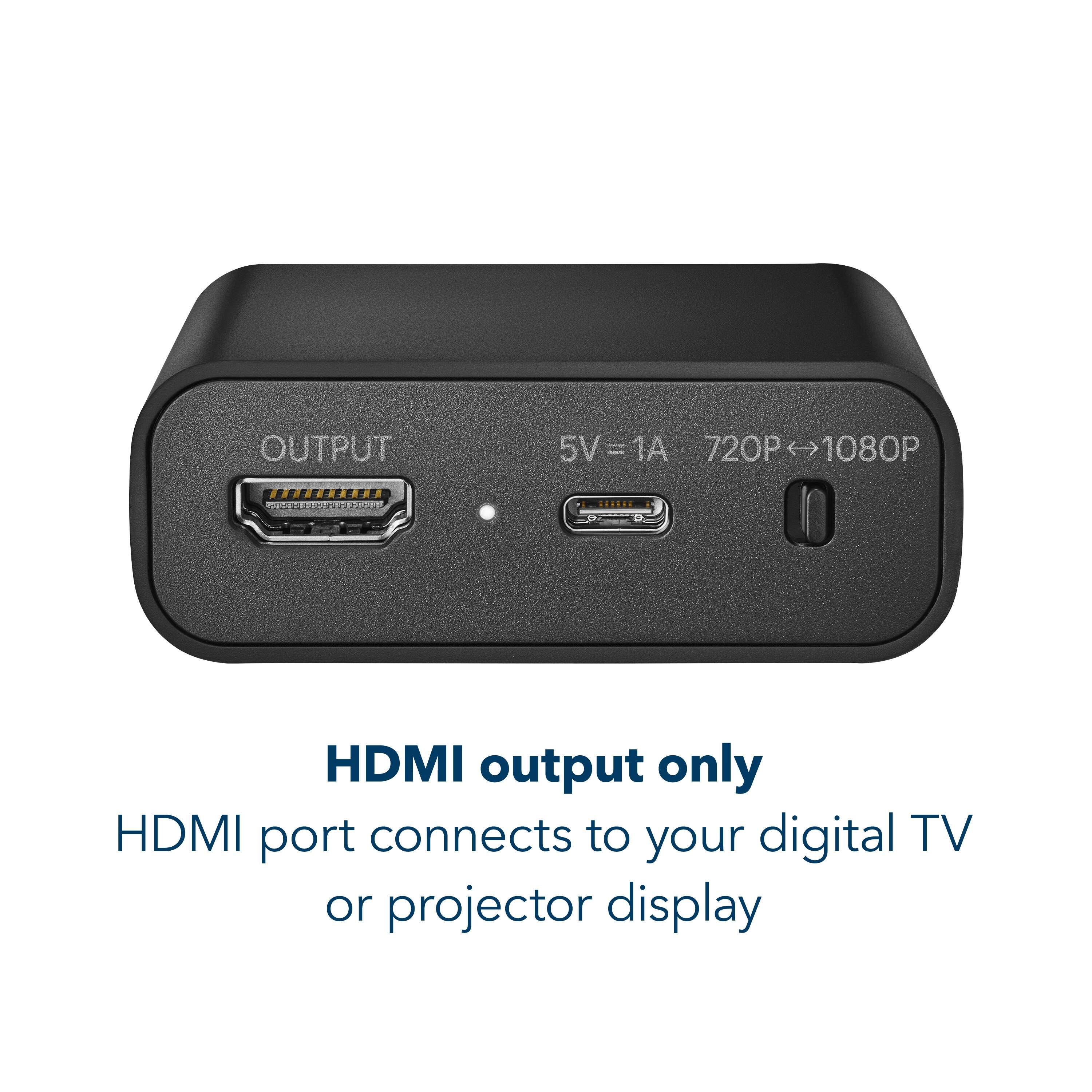 OUTPUT  
5V = 1A  
720P ↔ 1080P  

HDMI output only  
HDMI port connects to your digital TV or projector display