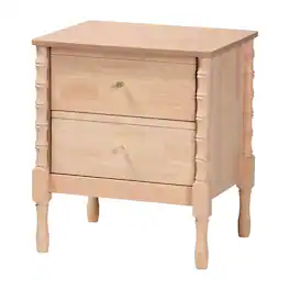 Baxton Studio - Laurent Nightstand - 2-Drawer Bedside Table with Bamboo-Style Turned Legs - Beech Brown