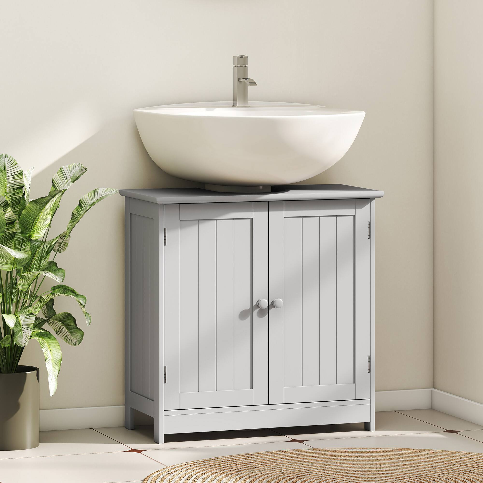 Angle. Homcom - Under Sink Bathroom Cabinet, Pedestal Sink Storage Cabinet with 2 Doors, Shelf and U-Shape - Light Gray.
