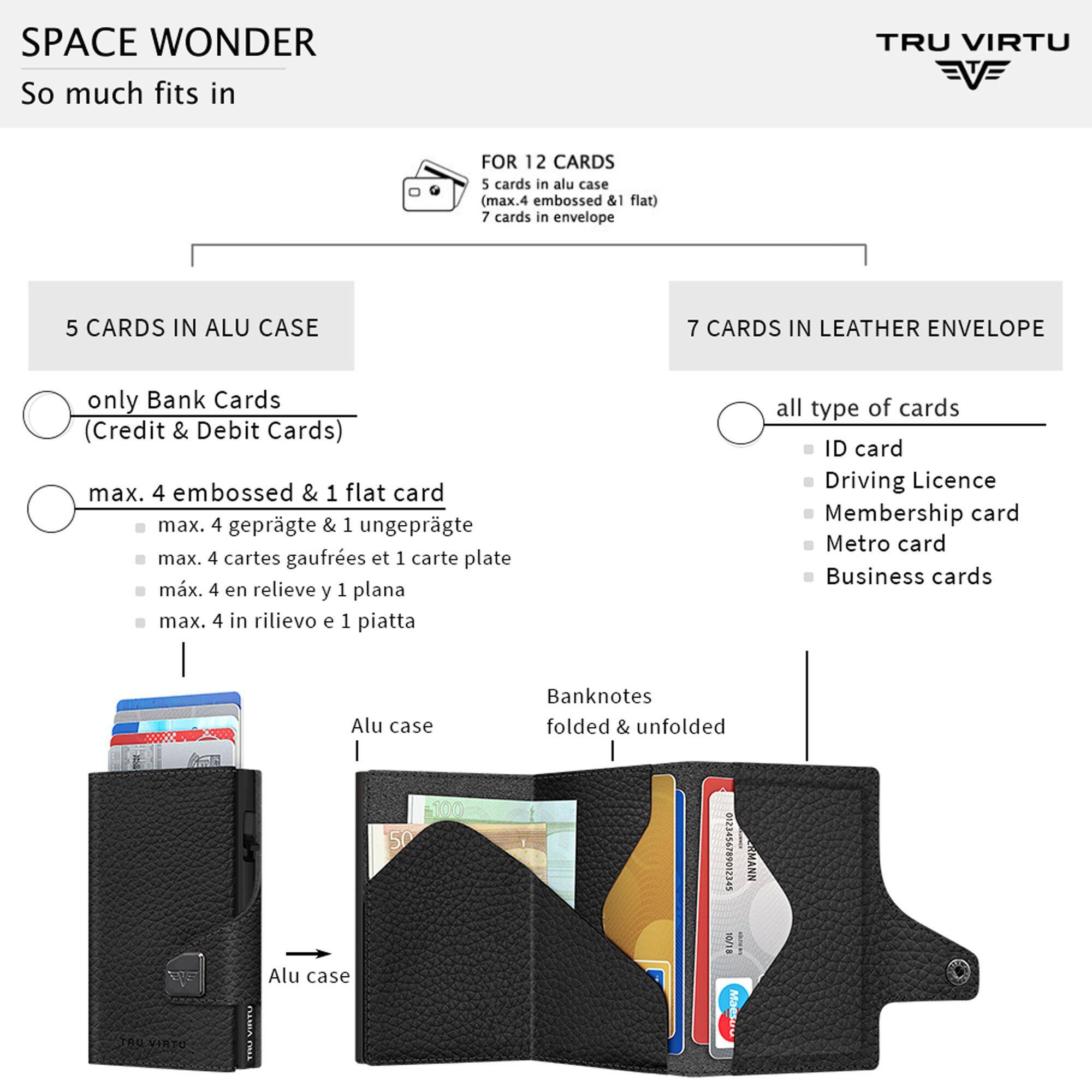 SPACE WONDER  
So much fits in  

TRU VIRTU  

FOR 12 CARDS  
5 cards in alu case (max. 4 embossed & 1 flat)  
7 cards in envelope  

5 CARDS IN ALU CASE  
only Bank Cards (Credit & Debit Cards)  
max. 4 embossed & 1 flat card  
max. 4 geprägte & 1 ungeprägte  
max. 4 cartes gaufrees et 1 carte plate  
max. 4 en relieve y 1 plana  
max. 4 in rilievo e 1 piatta  

7 CARDS IN LEATHER ENVELOPE  
all type of cards  
ID card  
Driving Licence  
Membership card  
Metro card  
Business cards  

Banknotes folded & unfolded  

Alu case 100 50  
Alu case  

MANN 10/10 Maestro