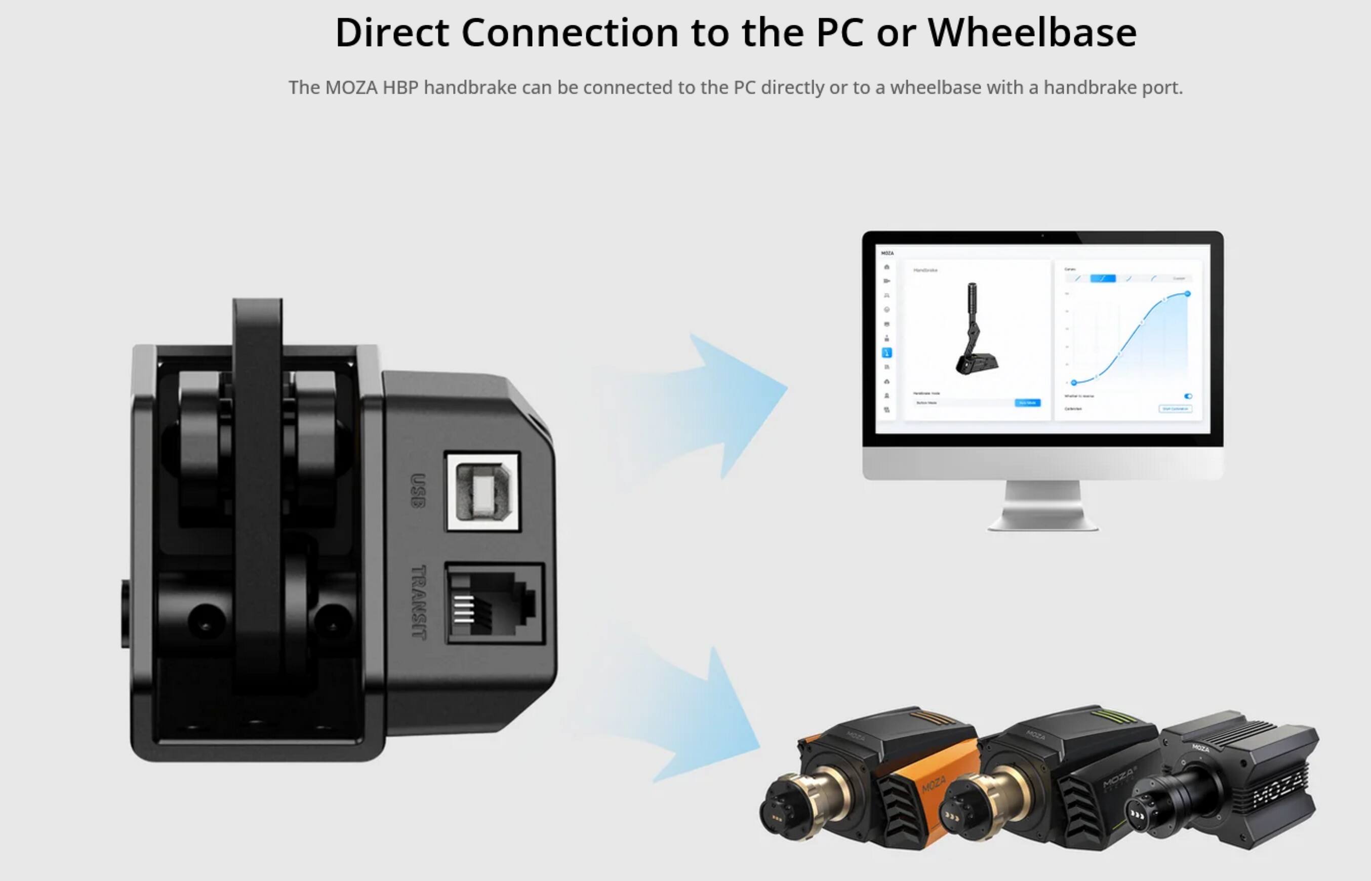 Direct Connection to the PC or Wheelbase

The MOZA HBP handbrake can be connected to the PC directly or to a wheelbase with a handbrake port.