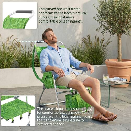 The curved backrest frame conforms to the body's natural curves, making it more comfortable to lean against. The seat without a crossbar allows for comfortable seating without any pressure on the legs, making it easy to sit and enjoy leisure time for extended periods.