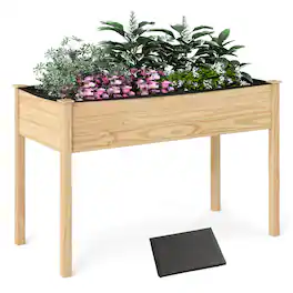 Costway - Wooden Raised Garden Bed w/Legs Liner Drainage Holes Large Planter Box for Herb - Natural