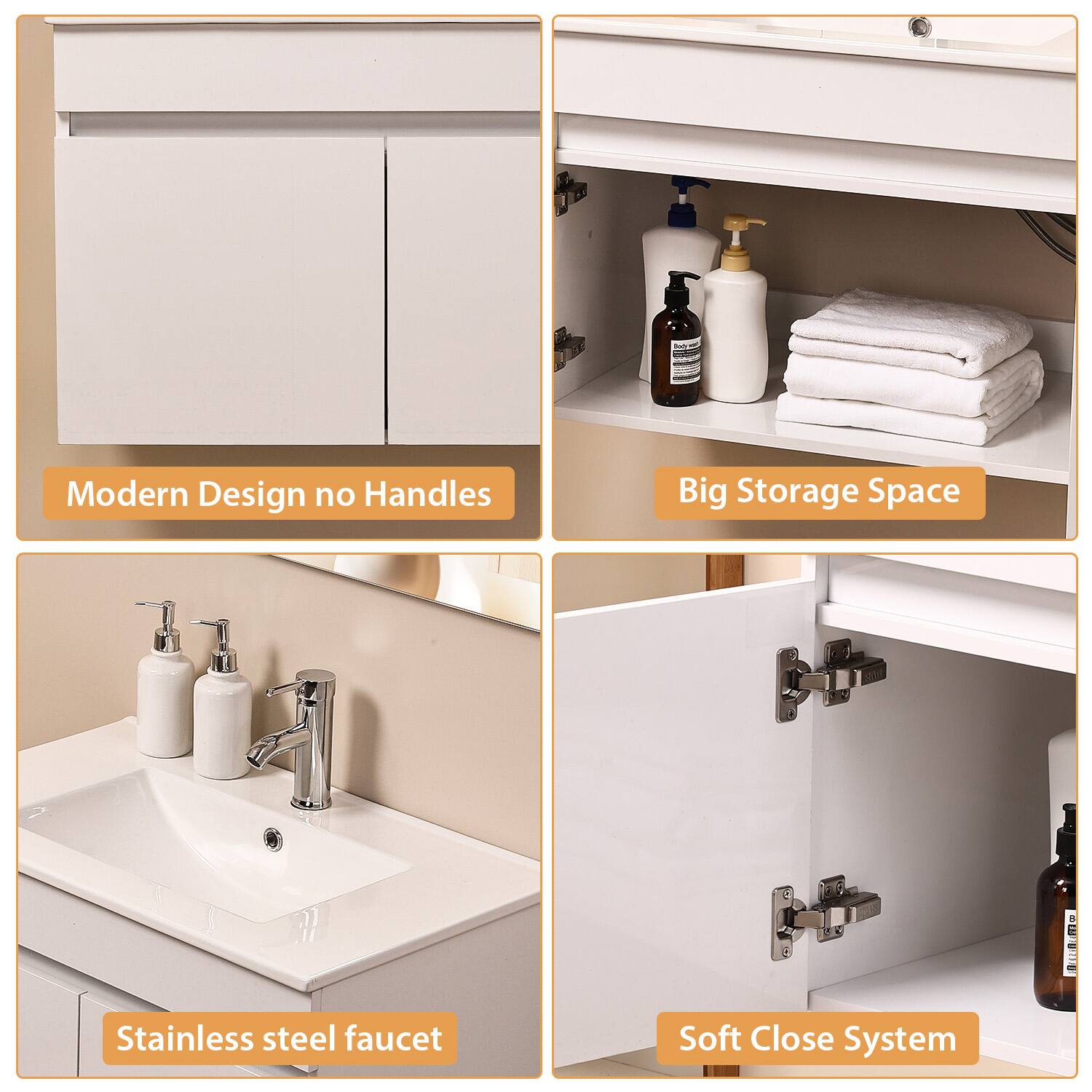 - Modern Design no Handles
- Big Storage Space
- Stainless steel faucet
- Soft Close System