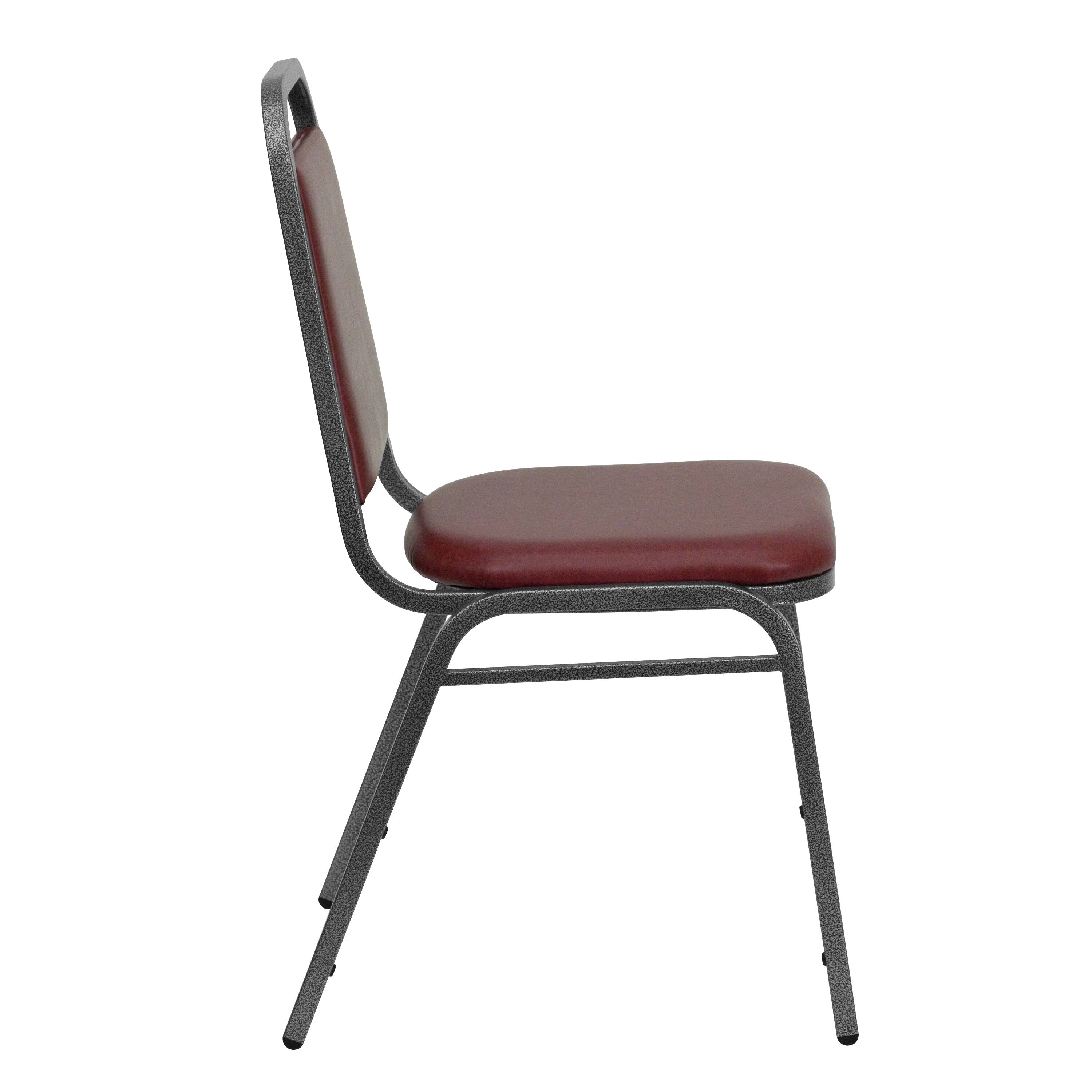 Alt View 7. Emma + Oliver - 4 Pack Trapezoidal Back Stacking Banquet Chair - Burgundy Vinyl/Silver Vein Frame.