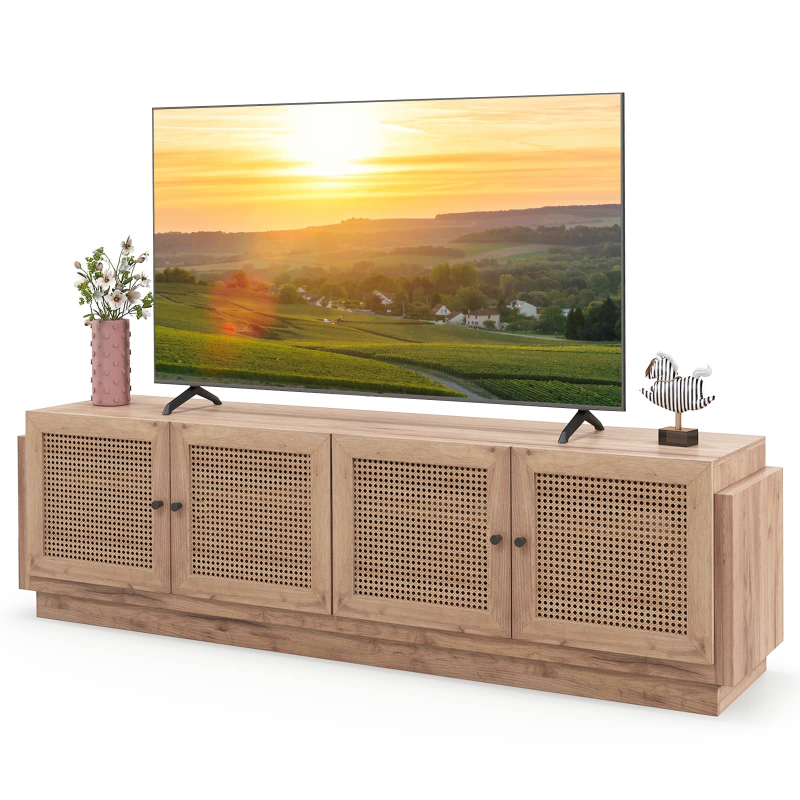 Costway - Farmhouse TV Stand for TVs up to 75" 2 Cabinets and 8 Cable PE Rattan Media Console Table - Oak