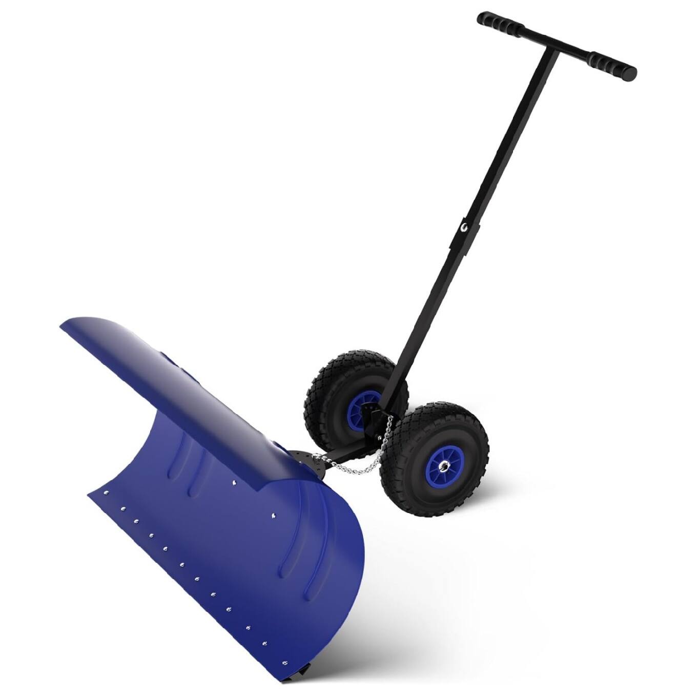 GARVEE - 29inch T-shaped Rod Snow Pusher with Wheels - Heavy Duty Steel Snow Plow for Driveway - Blue