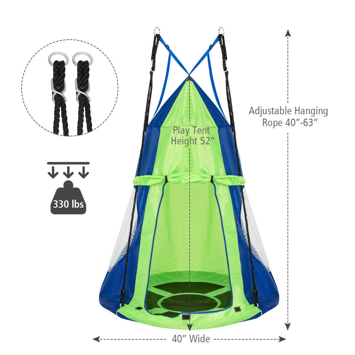 Play Tent  
Height 52"  
Adjustable Hanging Rope 40"-63"  
330 lbs  
40" Wide