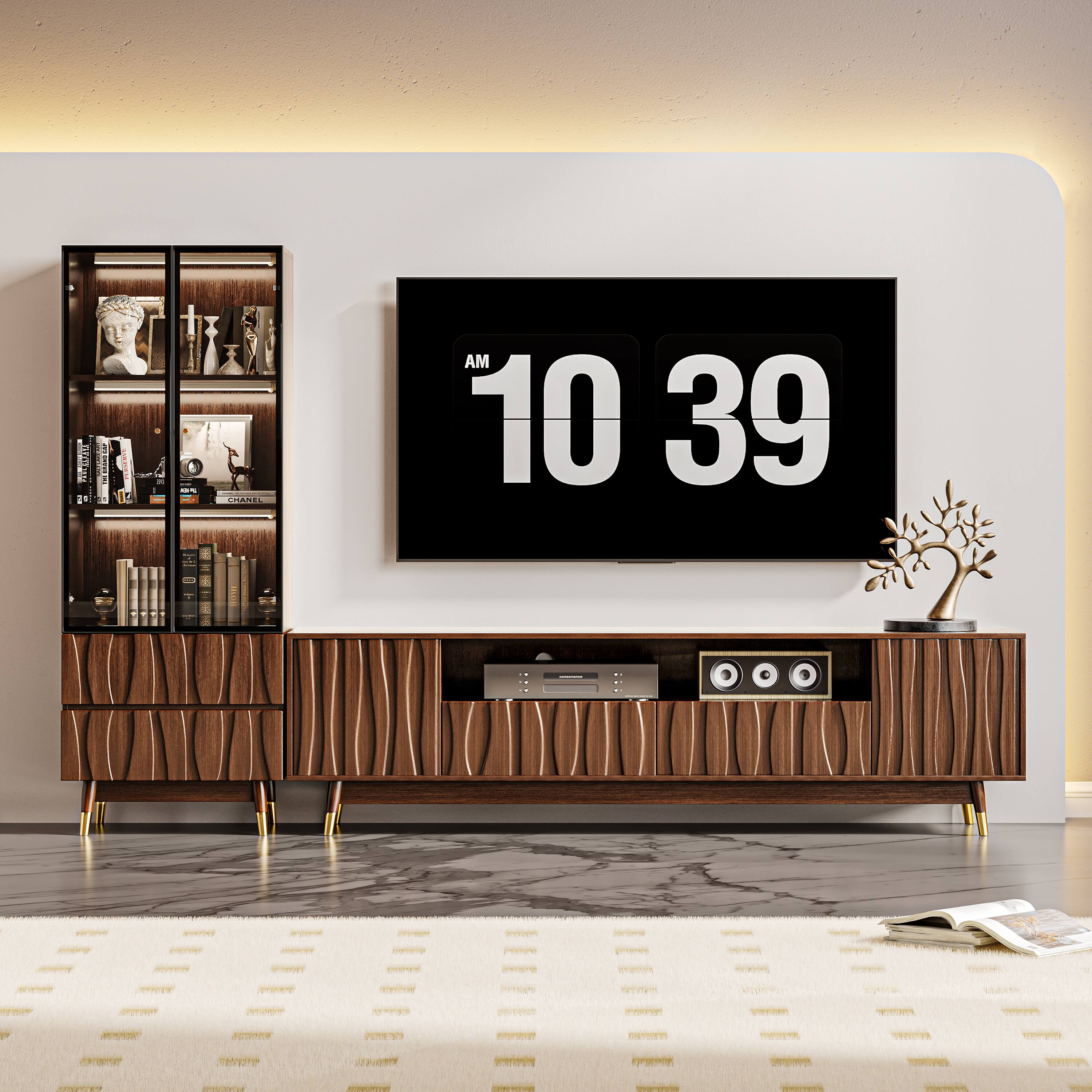 Front. MSOOB - 102" Mid-Century Modern TV Stand and Glass Display Cabinet Media Console with Wine Cabinet - Brown.