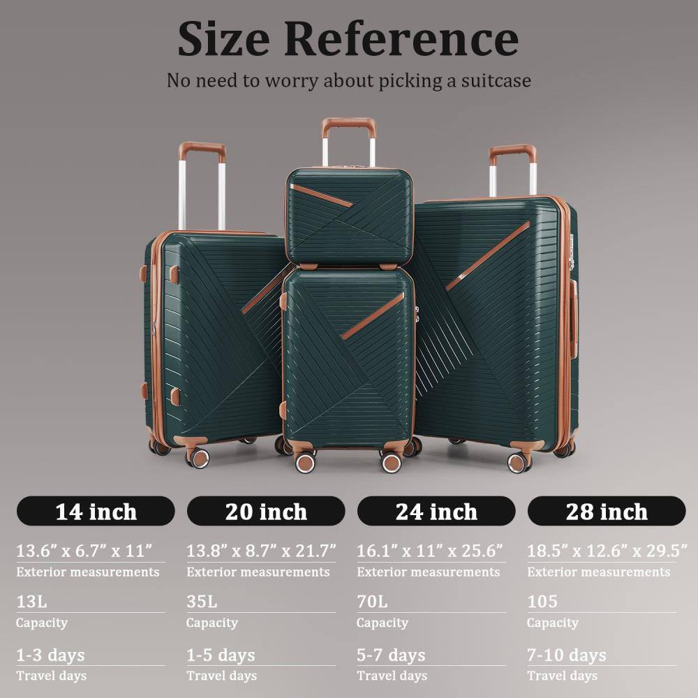 **Size Reference**  
No need to worry about picking a suitcase

- **14 inch**  
  - Exterior measurements: 13.6" x 6.7" x 11"  
  - Capacity: 13L  
  - Travel days: 1-3 days

- **20 inch**  
  - Exterior measurements: 13.8" x 8.7" x 21.7"  
  - Capacity: 35L  
  - Travel days: 1-5 days

- **24 inch**  
  - Exterior measurements: 16.1" x 11" x 25.6"  
  - Capacity: 70L  
  - Travel days: 5-7 days

- **28 inch**  
  - Exterior measurements: 18.5" x 12.6" x 29.5"  
  - Capacity: 105L  
  - Travel days: 7-10 days