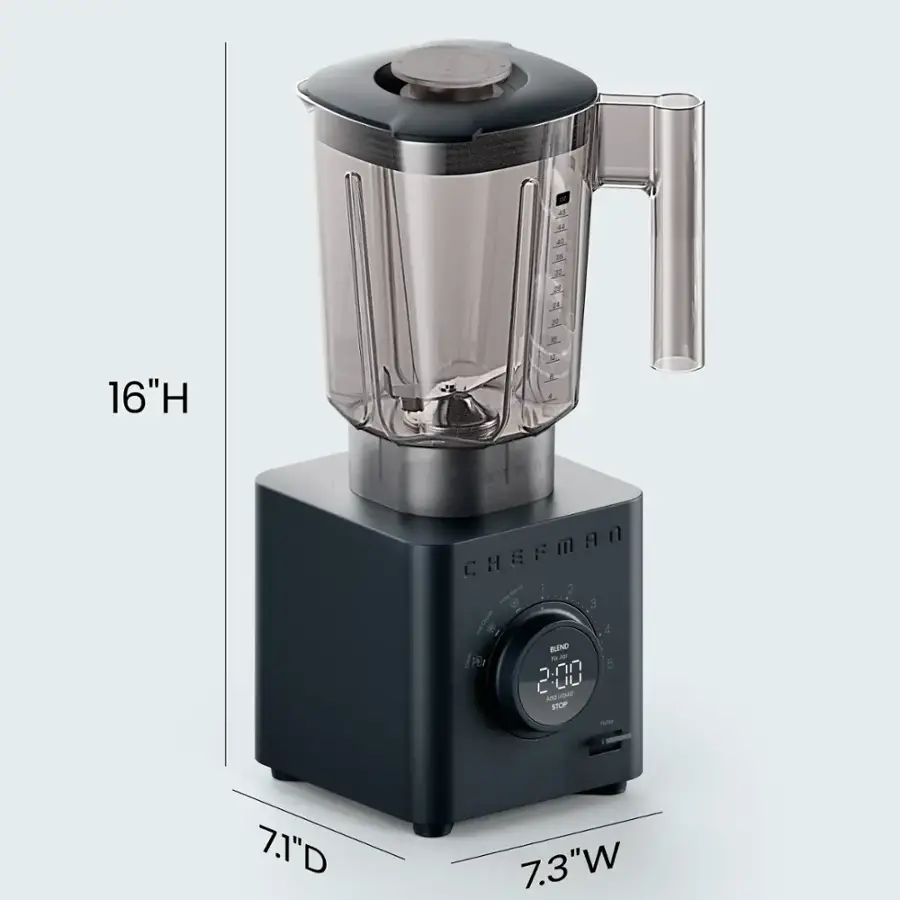 The text on the image reads: "16"H 2 7/8" 7.3"W CHEFMAN 2:00 7:00 16.9" 7.7"".