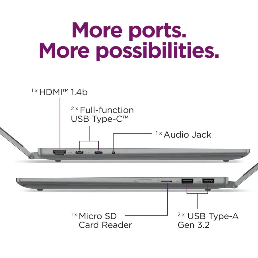 More ports. More possibilities. 1x 1 TB HDMI 1.4b 2 x Full-function USB - 1x Audio Jack ME 1 x Micro SD Card Reader 2 x USB Type-A Gen 3.2