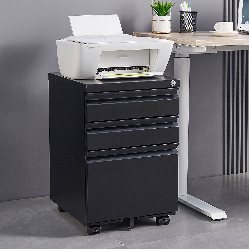 Angle. Loheer - Loheer 3 Drawer Mobile File Cabinet Black Metal Rolling Cabinet with Lock for Legal Letter Size Under Desk.