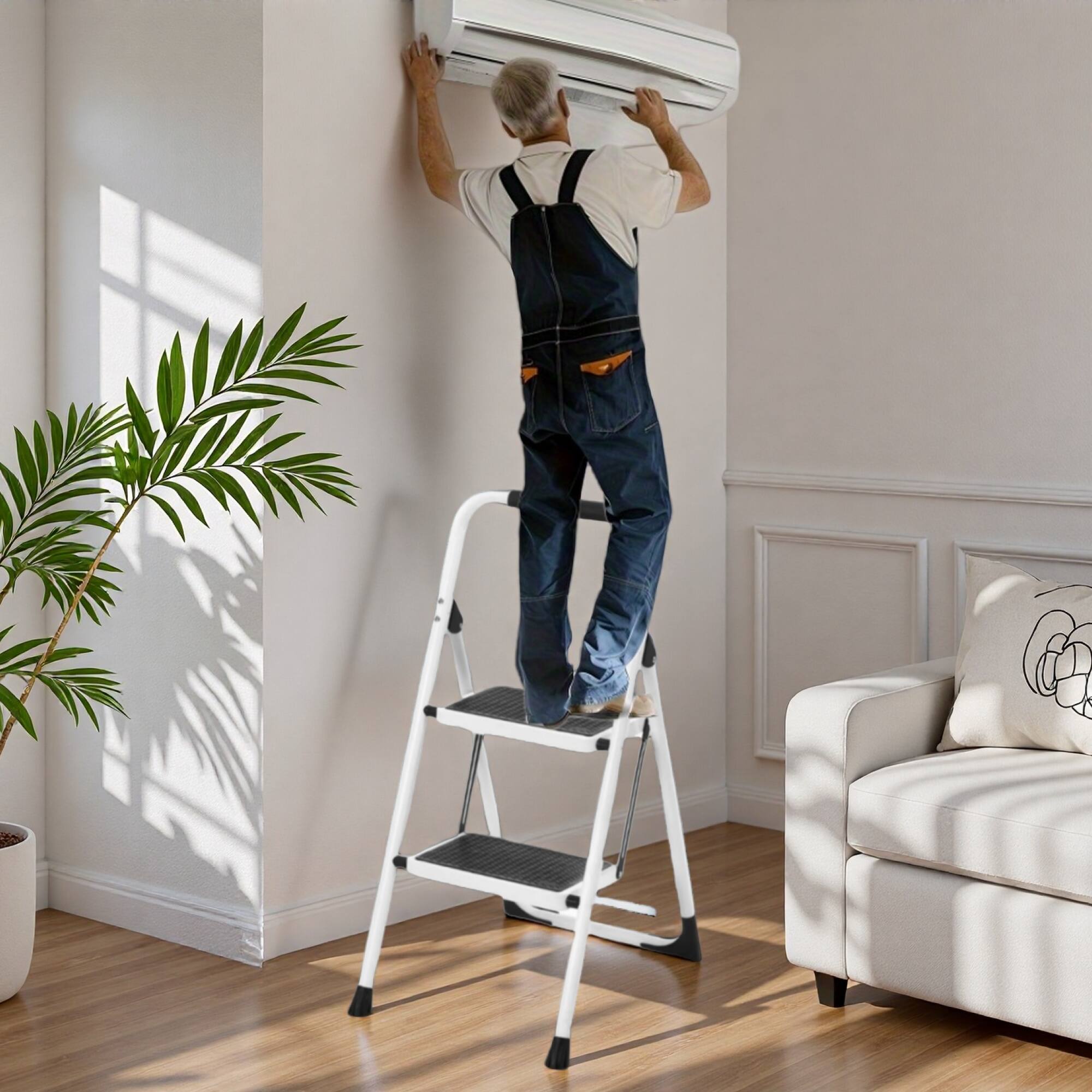 Alt View 4. ELEMENT ACE - Folding Step Stool with Anti-Slip Pedals and Safety Handrails for Household Use - White PU.