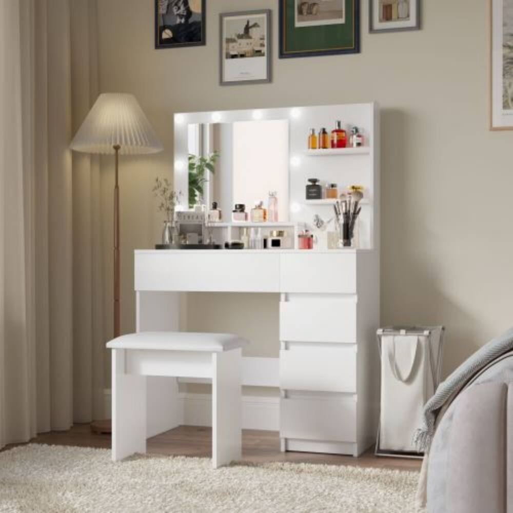Back. LUCKY ONE - 31.5in Vanity Desk with LED Mirror, Charging Station, 10 Bulbs, Drawers, Shelves and Stool - White.