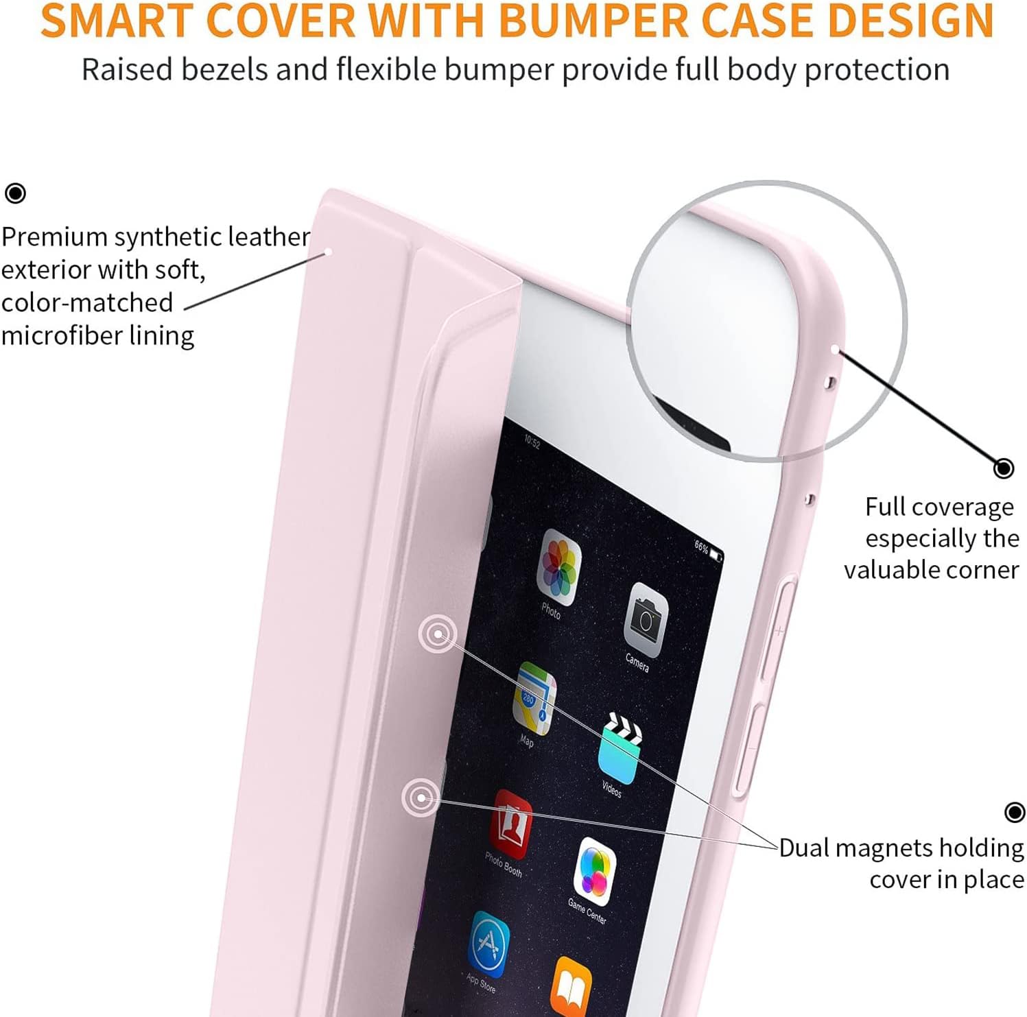 SMART COVER WITH BUMPER CASE DESIGN  
Raised bezels and flexible bumper provide full body protection  

Premium synthetic leather exterior with soft, color-matched microfiber lining  

Full coverage especially the valuable corner  

Dual magnets holding cover in place