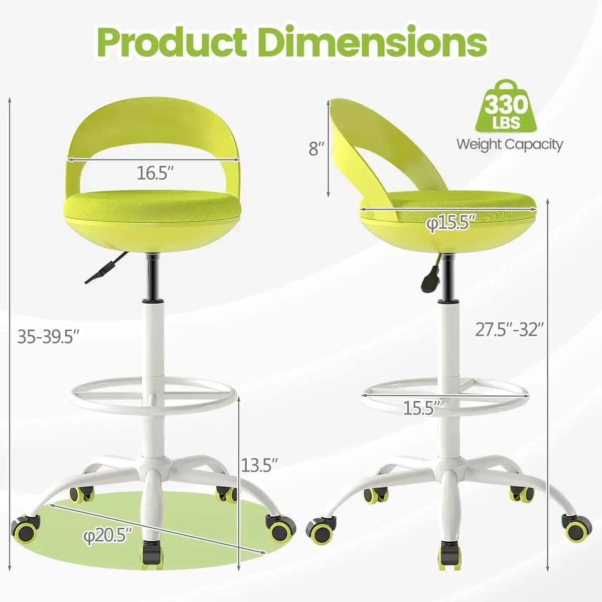 Product Dimensions: 16.5" x 8" x 330 LBS Weight Capacity  
Height: 35-39.5"  
Seat Diameter: 15.5"  
Seat Depth: 27.5"-32"  
Base Diameter: 20.5"  
Seat Height: 15.5"  
Base Height: 13.5"