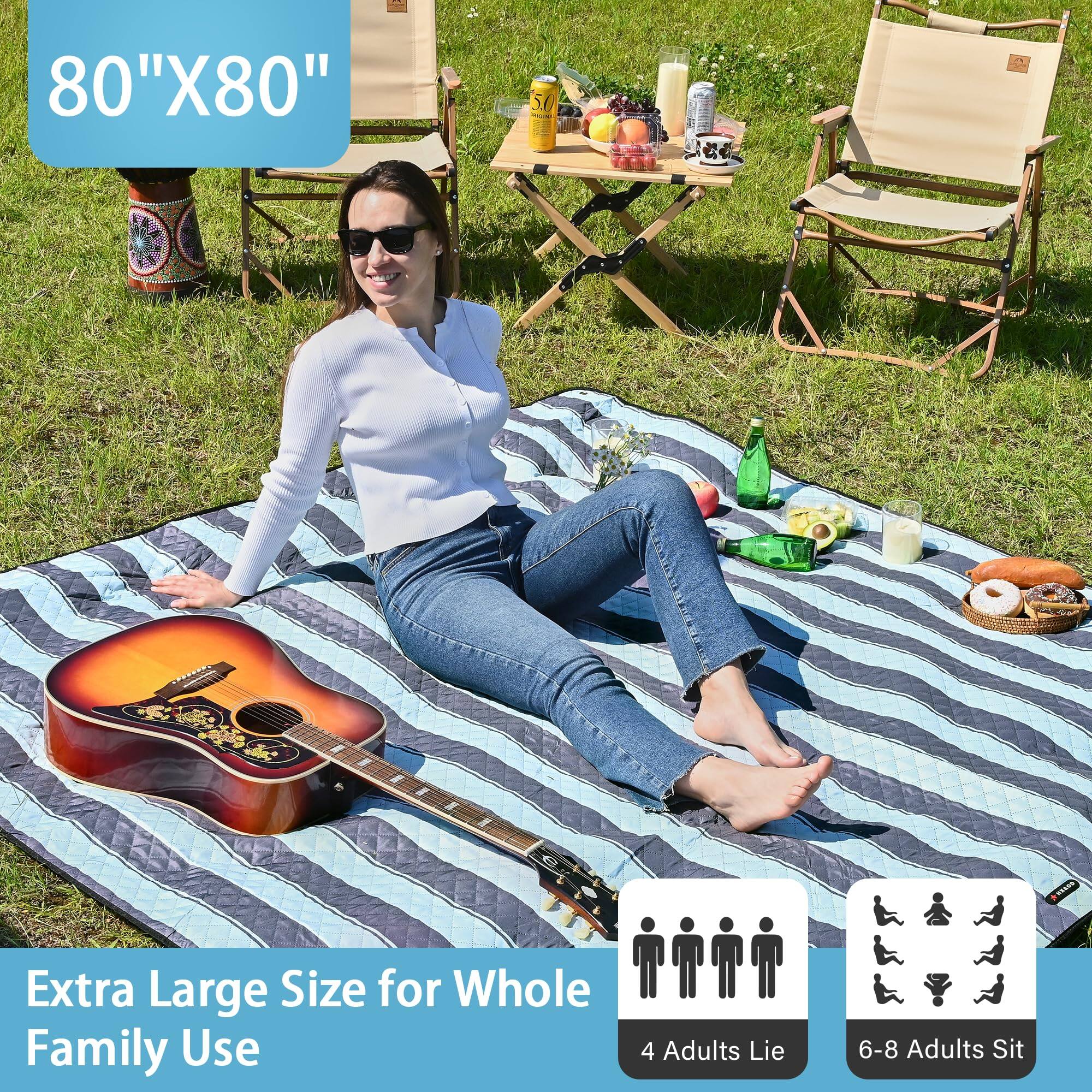 80"X80"

Extra Large Size for Whole Family Use

4 Adults Lie

6-8 Adults Sit