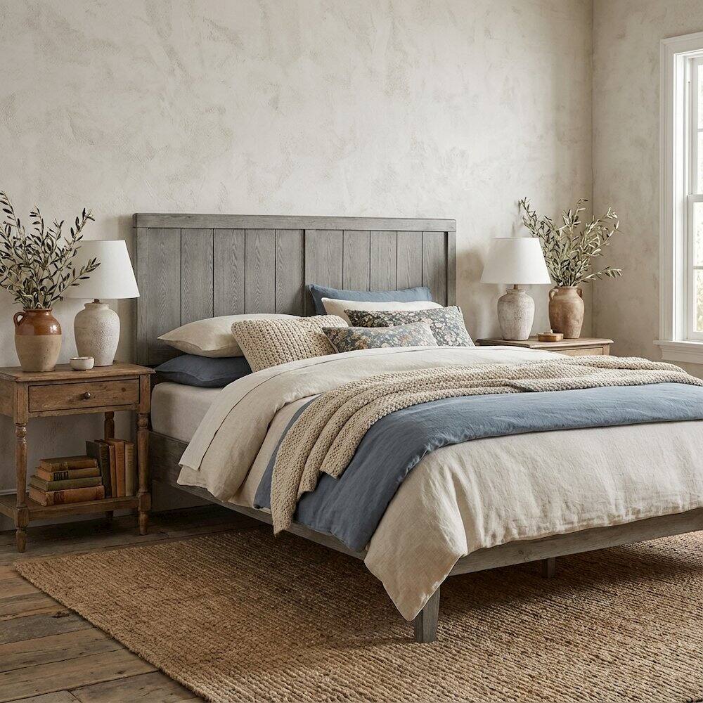 Angle. FurniFact - Wood Full Headboard with Smooth Finish and Durable Construction - Gray.