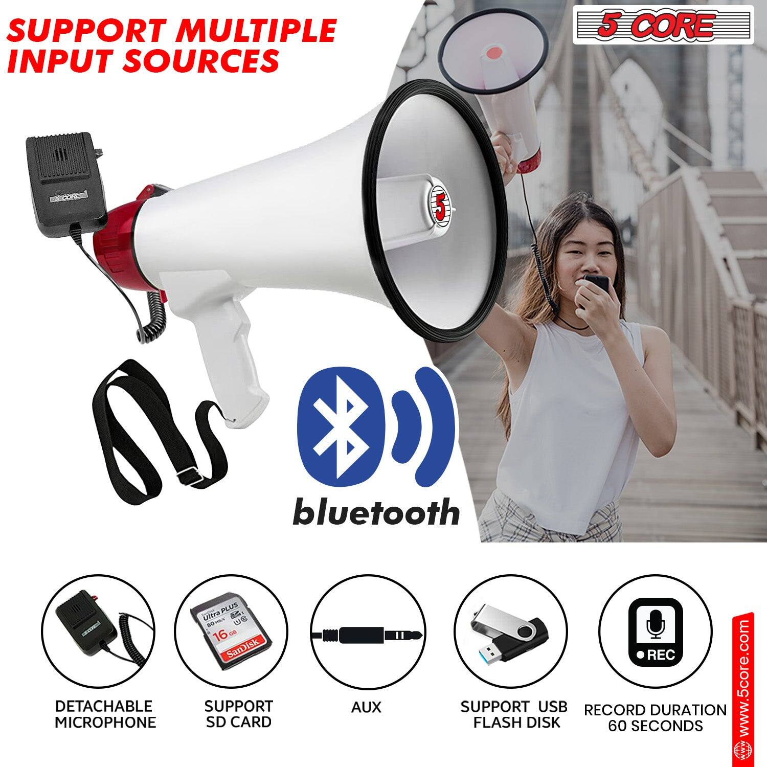 SUPPORT MULTIPLE INPUT SOURCES

5 CORE

bluetooth

- DETACHABLE MICROPHONE
- SUPPORT SD CARD (16GB)
- AUX
- SUPPORT USB FLASH DISK
- RECORD DURATION 60 SECONDS

www.5core.com