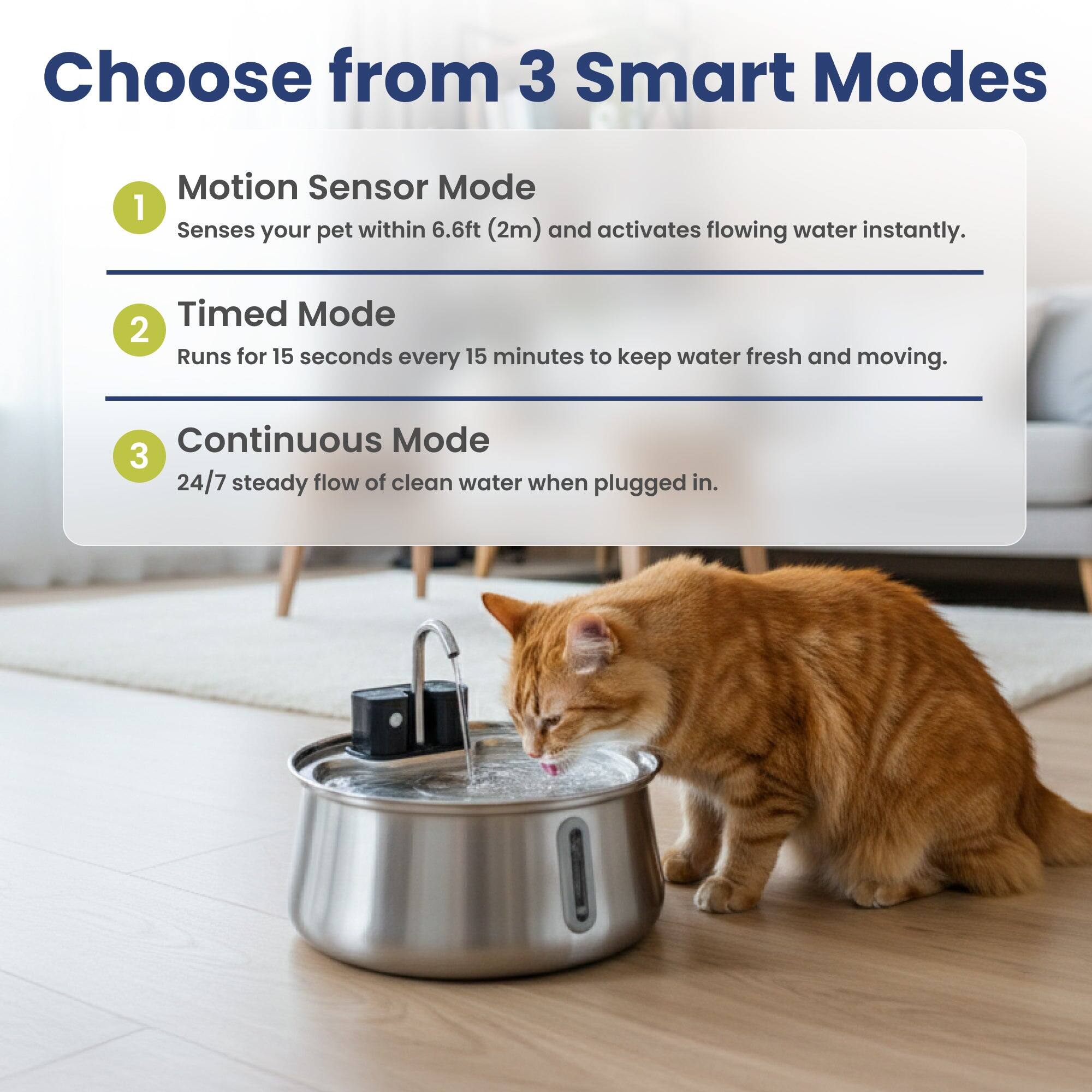 Choose from 3 Smart Modes

1. Motion Sensor Mode
   - Senses your pet within 6.6ft (2m) and activates flowing water instantly.

2. Timed Mode
   - Runs for 15 seconds every 15 minutes to keep water fresh and moving.

3. Continuous Mode
   - 24/7 steady flow of clean water when plugged in.