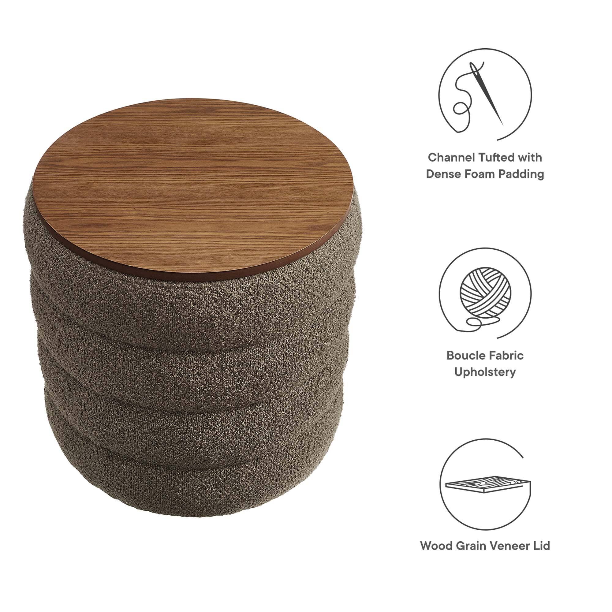 - Channel Tufted with Dense Foam Padding
- Boucle Fabric Upholstery
- Wood Grain Veneer Lid