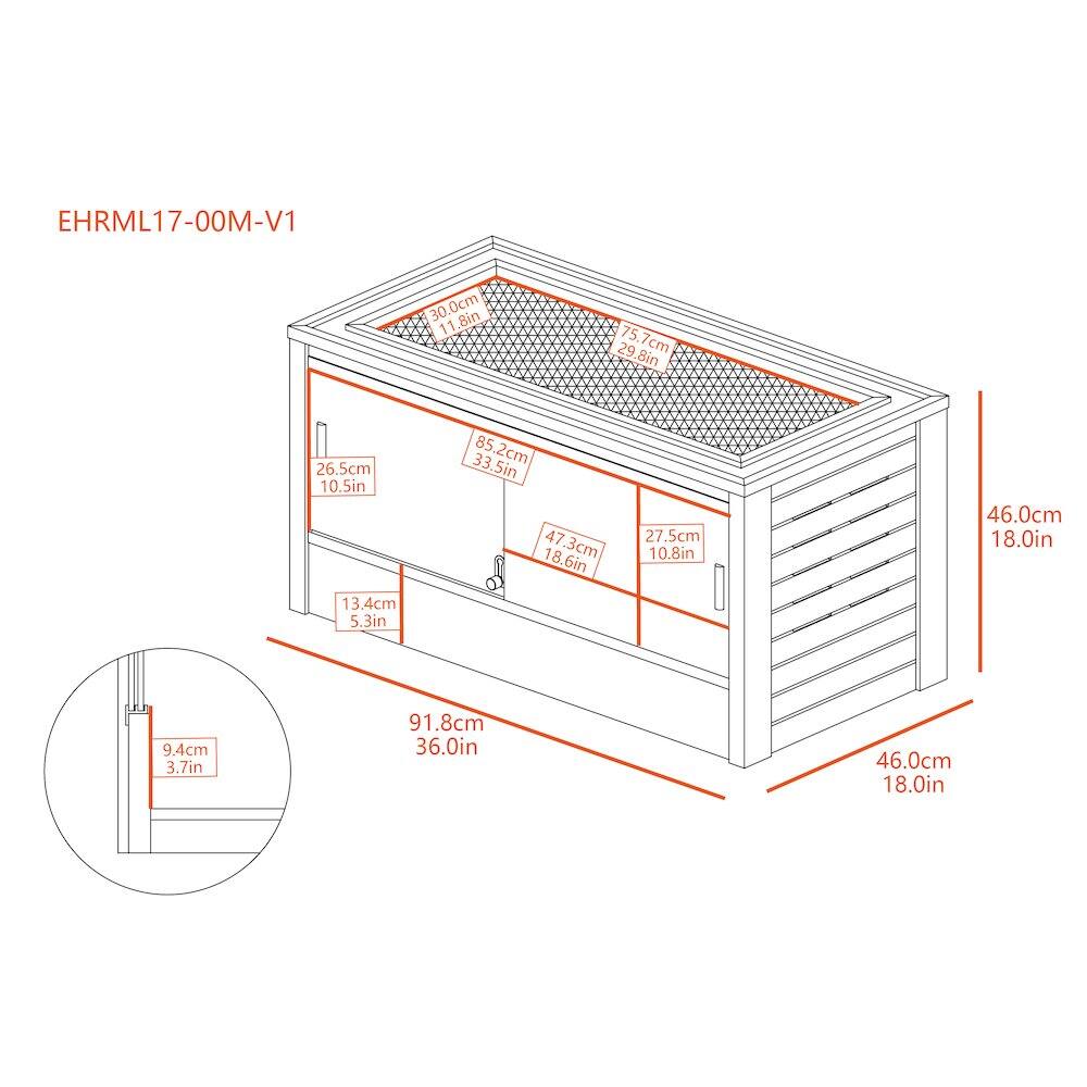 EHRML17-00M-V1

- 30.0cm / 11.8in
- 75.7cm / 29.8in
- 26.5cm / 10.5in
- 13.4cm / 5.3in
- 85.2cm / 33.5in
- 18.6in / 47.3cm
- 46.0cm / 18.0in
- 27.5cm / 10.8in
- 91.8cm / 36.0in
- 9.4cm / 3.7in
- 46.0cm / 18.0in