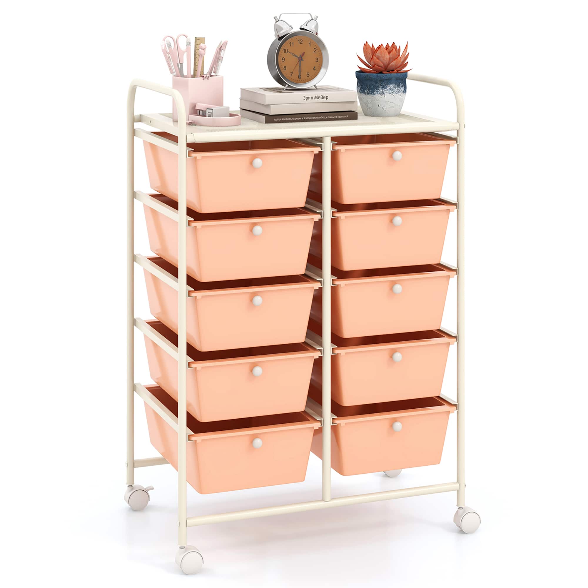 Gymax - 10-Drawer Storage Cart Utility Rolling Trolley Kitchen Organizer - Skin Pink