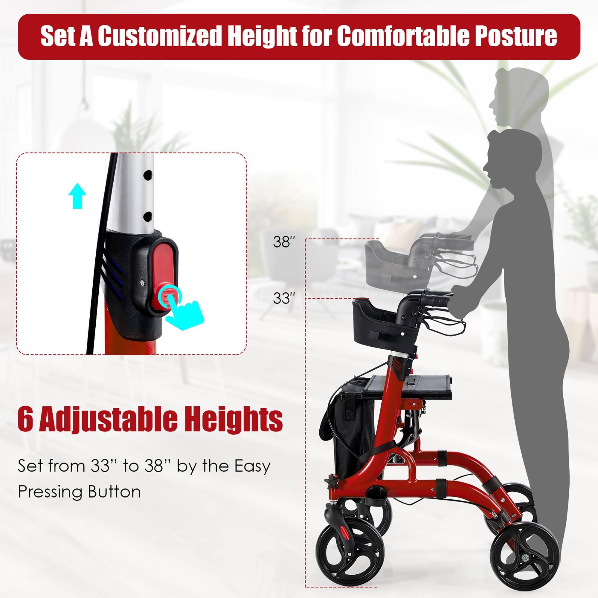 Set A Customized Height for Comfortable Posture, 6 Adjustable Heights, Set from 33" to 38" by the Easy Pressing Button