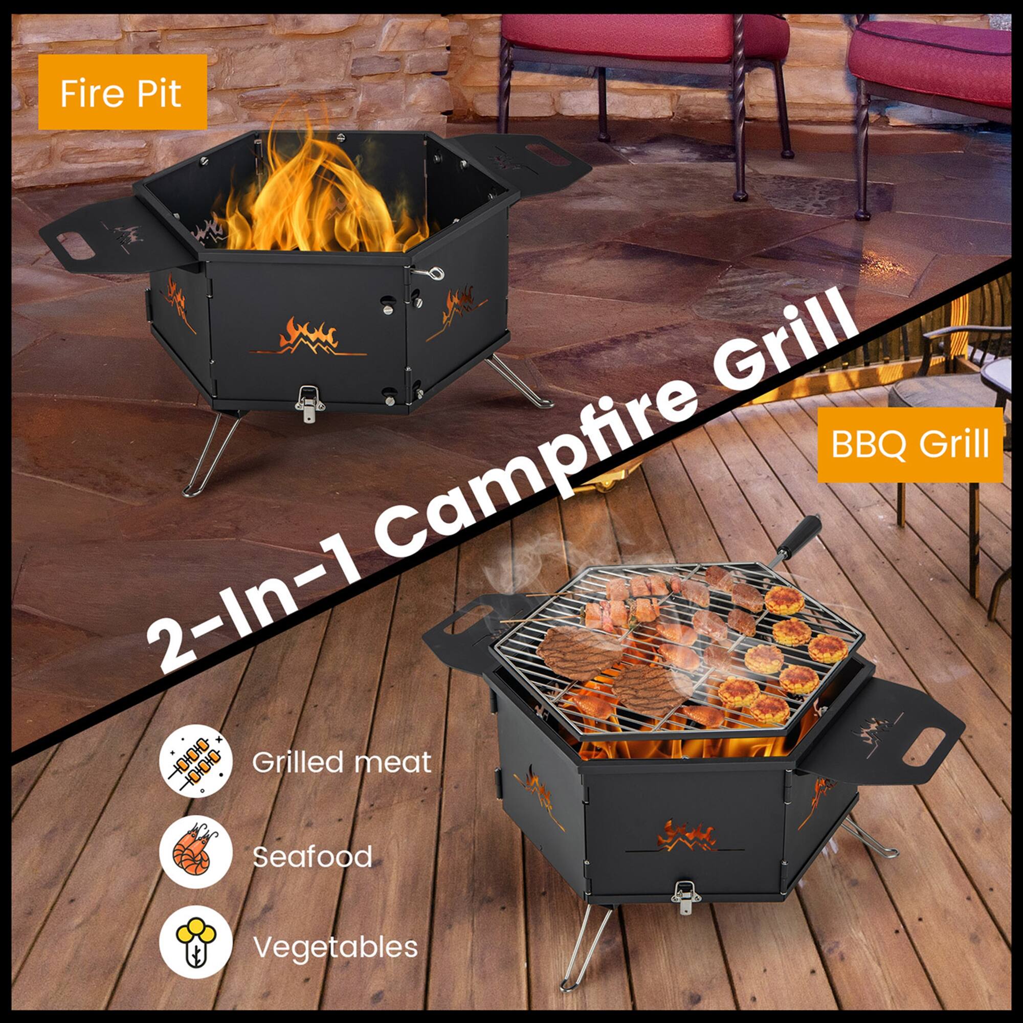 Fire Pit Grill BBQ Grill Campfire 2-In-1 Grilled meat Seafood Vegetables