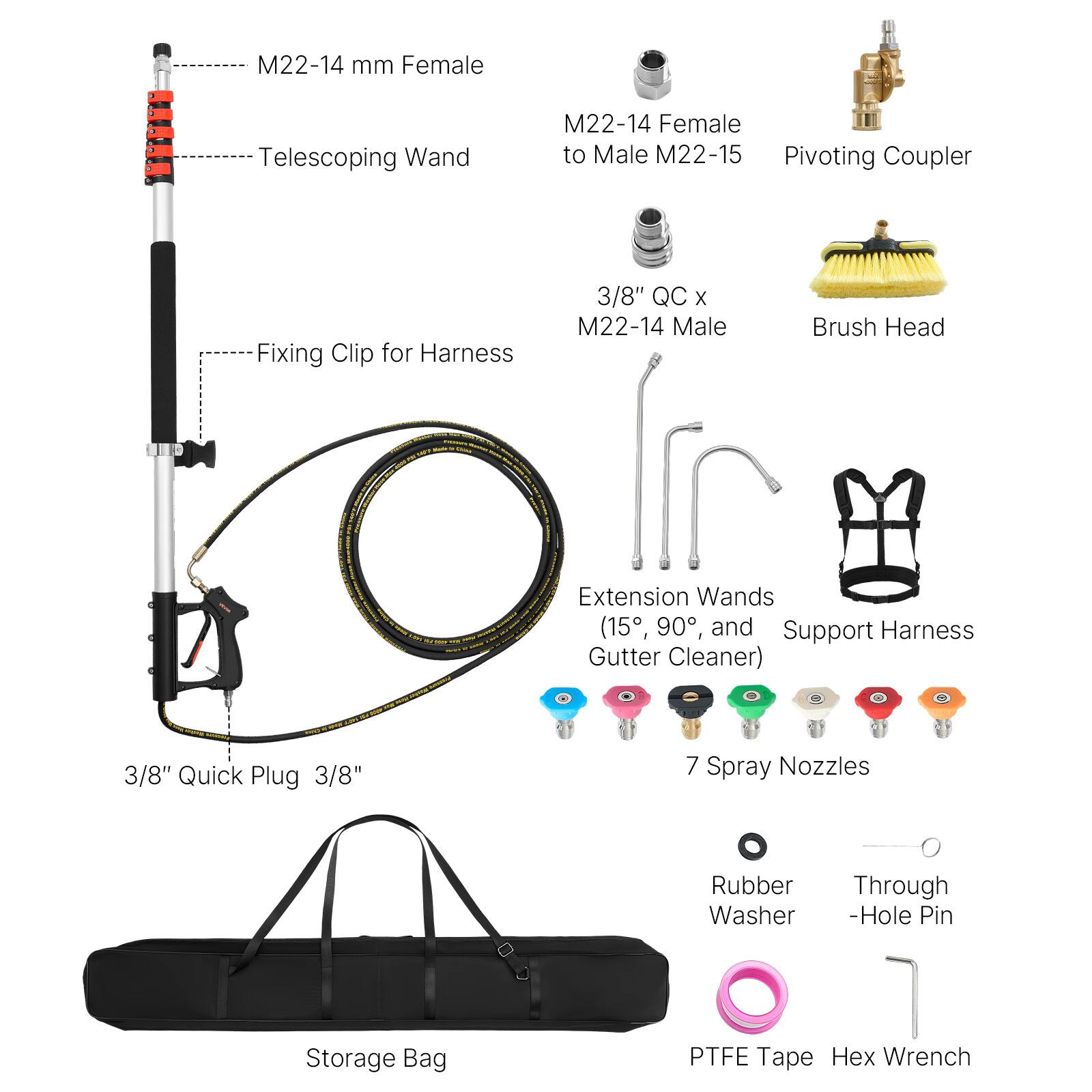 M22-14 mm Female - Telescoping Wand  
M22-14 Female to Male  
M22-15 Pivoting Coupler  
Fixing Clip for Harness  
3/8" QC x M22-14 Male Brush Head  
Extension Wands (15°, 90°, and Support Harness Gutter Cleaner)  
3/8" Quick Plug  
3/8"  
7 Spray Nozzles  
Rubber Washer  
Through-Hole Pin  
Storage Bag  
PTFE Tape  
Hex Wrench