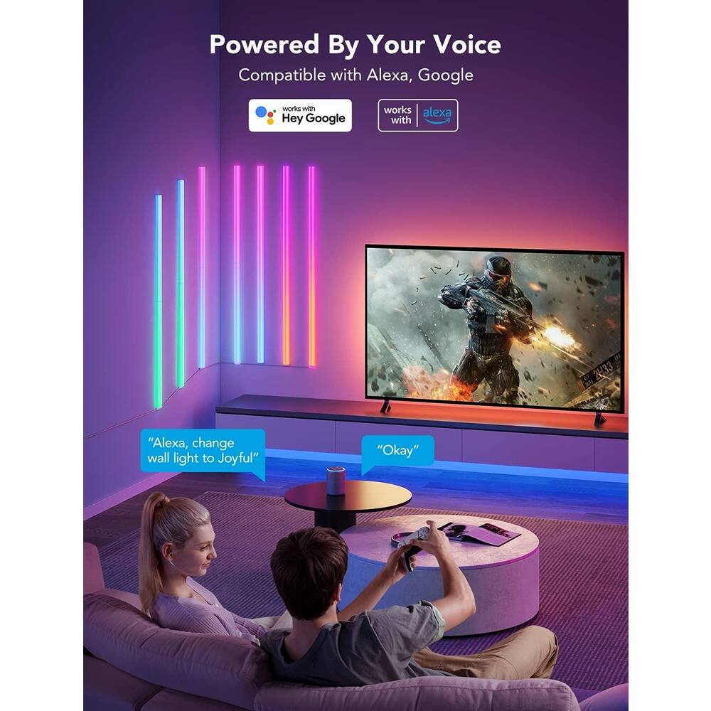 Powered By Your Voice  
Compatible with Alexa, Google  

works with Hey Google  

"Alexa, change wall light to Joyful"  
"Okay"