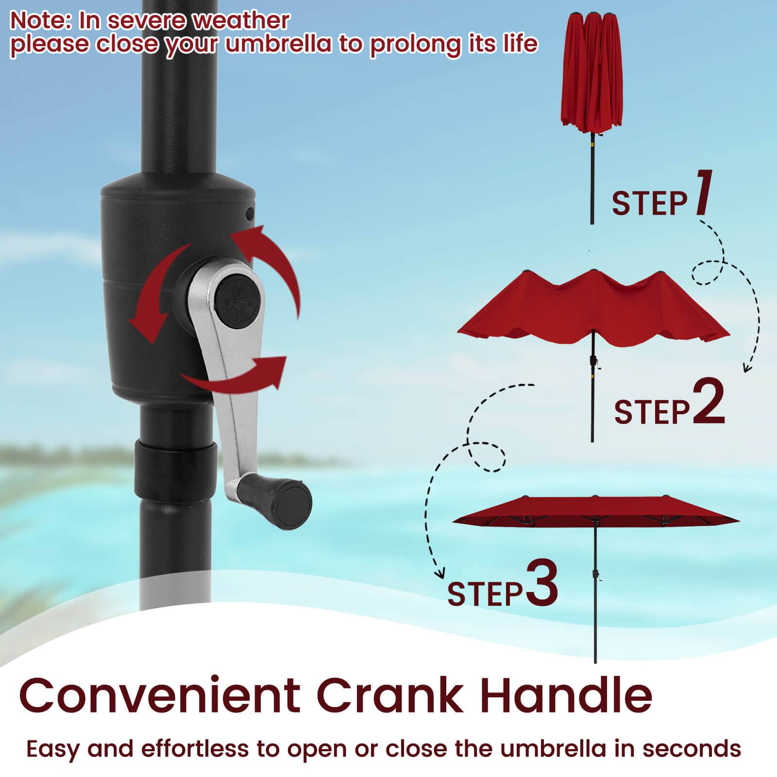 Note: In severe weather, please close your umbrella to prolong its life.

1. Convenient Crank Handle: Easy and effortless to open or close the umbrella in seconds.