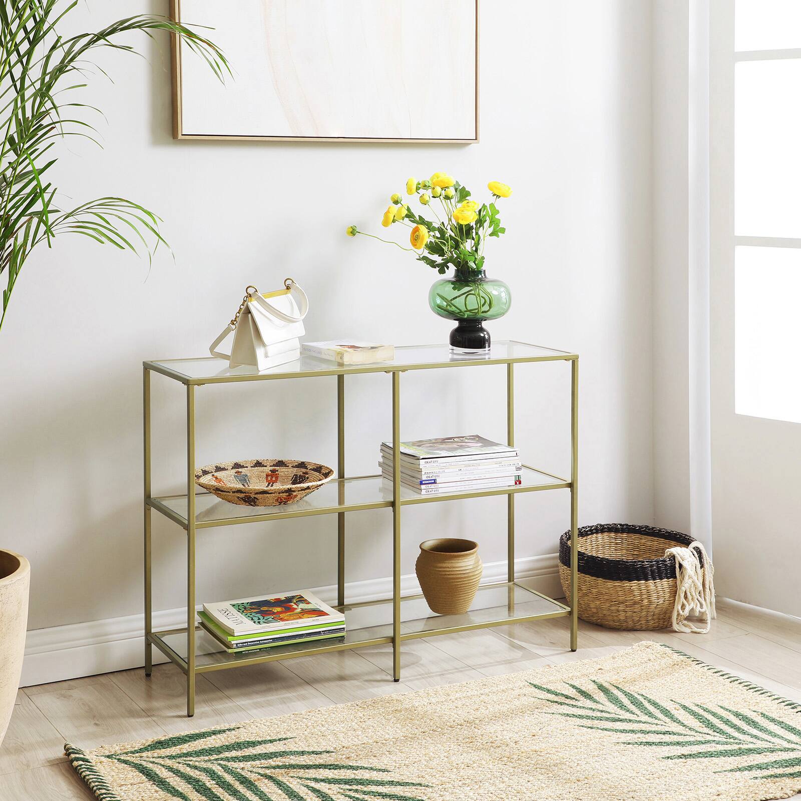 Alt View 3. Songmics Home - 39.4 Inch Console Table with 3 Shelves, Sofa Table, Entryway Table, Metal Frame, Tempered Glass Shelf, Modern Style - Metallic Gold and Transparent.