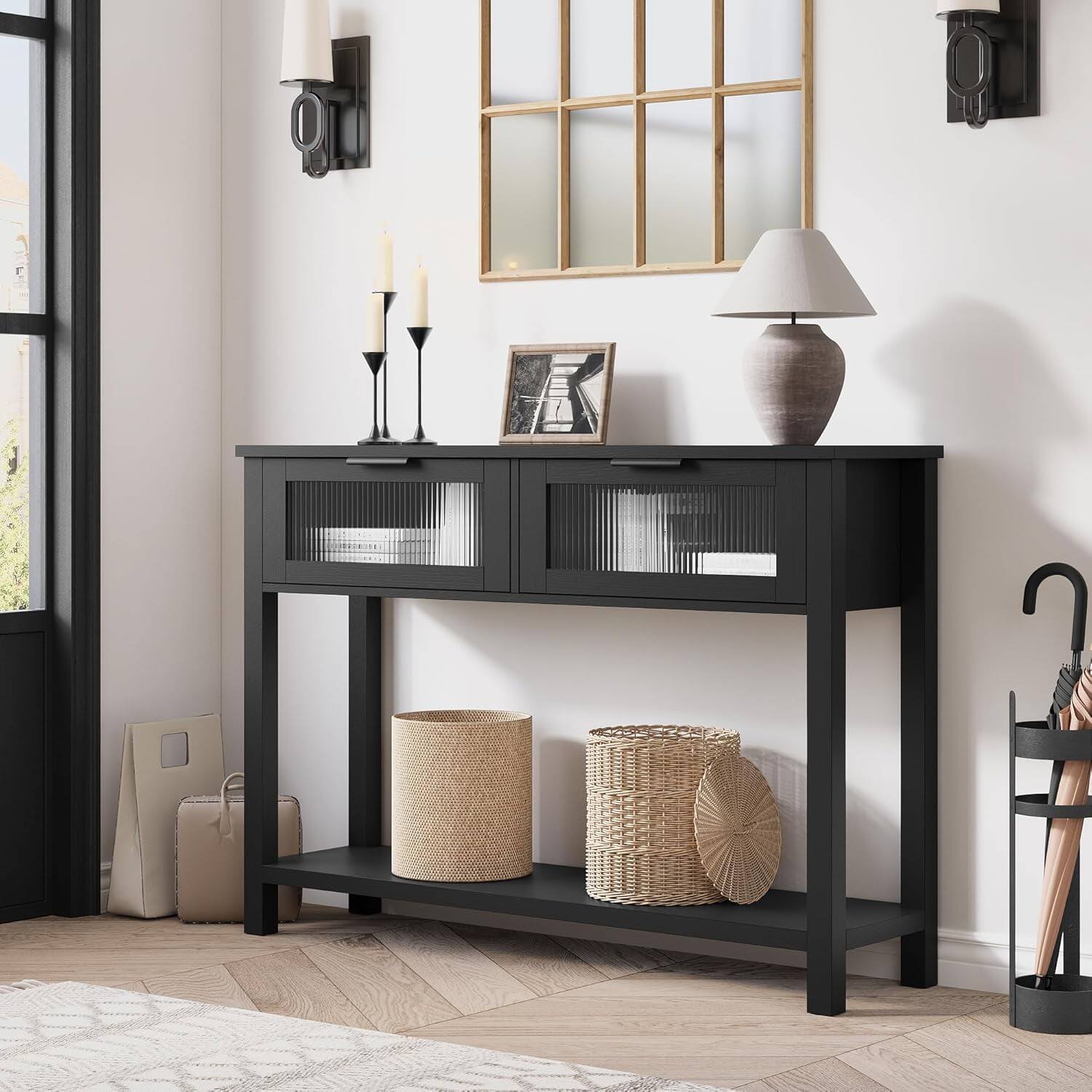 Alt View 1. Electrodes Masters - 2-Tier Entryway Table with Storage - Wood Sofa Table with 2 Glass Drawers, Black - Black.