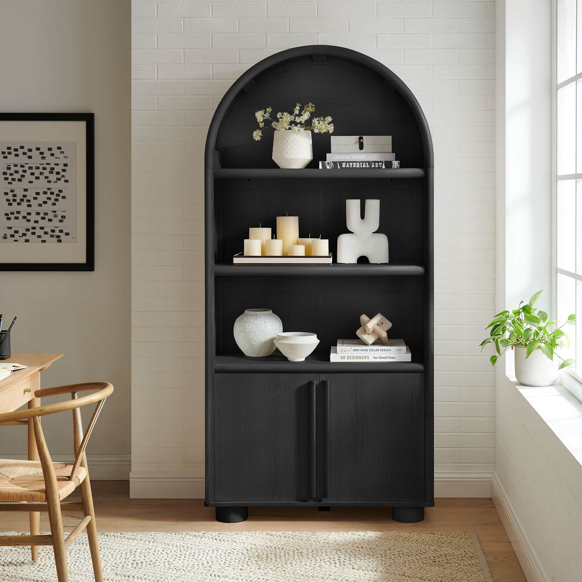 Bellamy Tall Arched Display Cabinet Bookcase by Modway - Black Oak