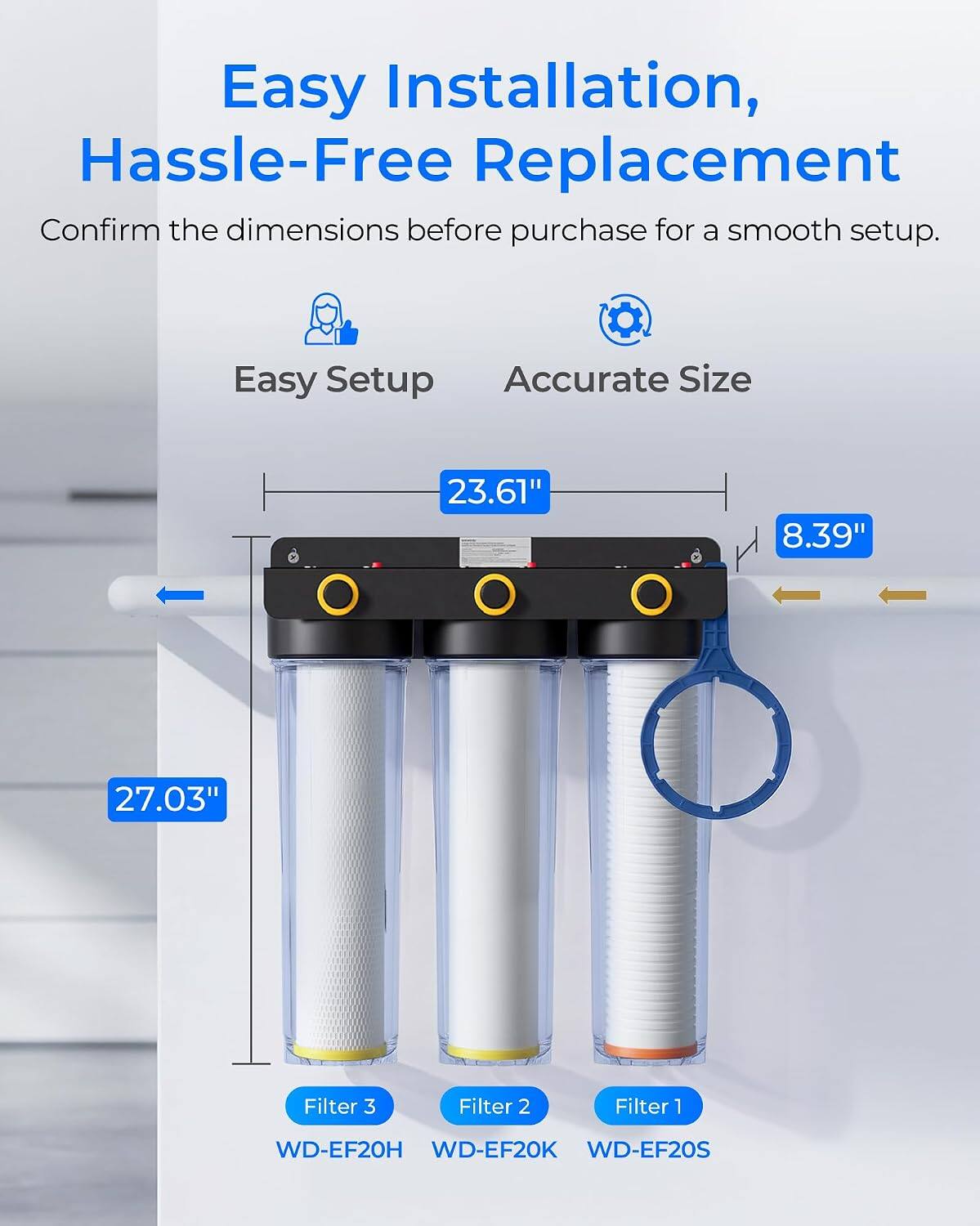 Easy Installation, Hassle-Free Replacement  
Confirm the dimensions before purchase for a smooth setup.  

Easy Setup  
Accurate Size  

23.61"  
8.39"  
27.03"  

Filter 3  
Filter 2  
Filter 1  

WD-EF20H  
WD-EF20K  
WD-EF20S