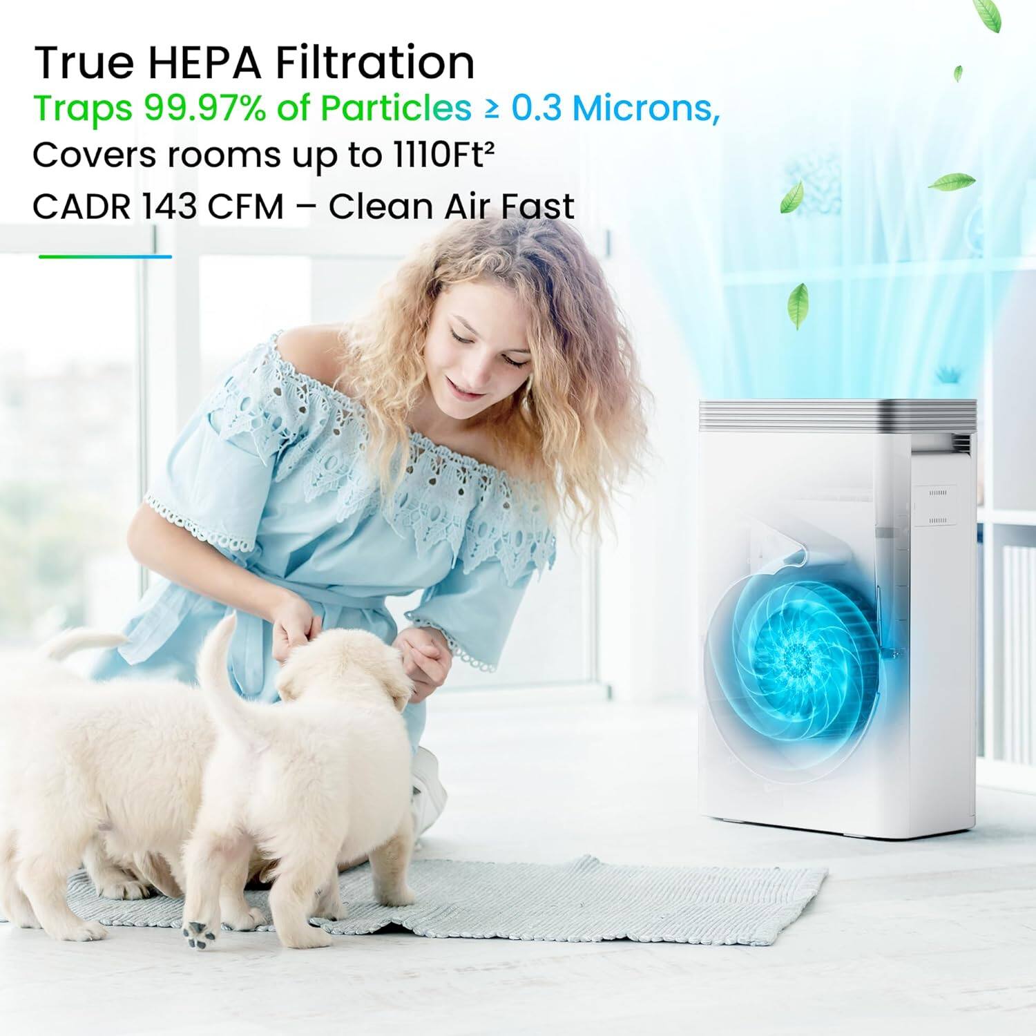 True HEPA Filtration  
Traps 99.97% of Particles ≥ 0.3 Microns,  
Covers rooms up to 1110Ft²  
CADR 143 CFM – Clean Air Fast