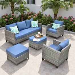 Ovios - 5 PCS Patio Furniture Set, Outdoor Wicker Sofa with Ottomans for Garden Porch Backyard - Denim Blue