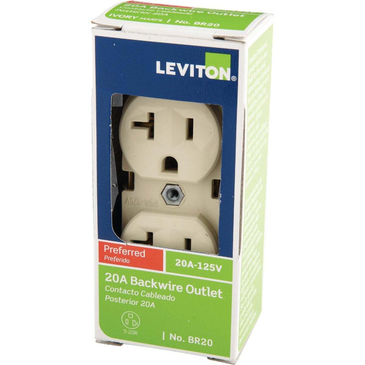 ROA Coe fo Backwire wir Peosterior FEAE GOA w Outlet IVORY MARFA , No. BR20 LEVITON R T 204-125V Preferred Preferido 20A-125V 20A Backwire Contacto Cableado Outlet Posterior 20A D 0  S-20R 5 I No. BR20