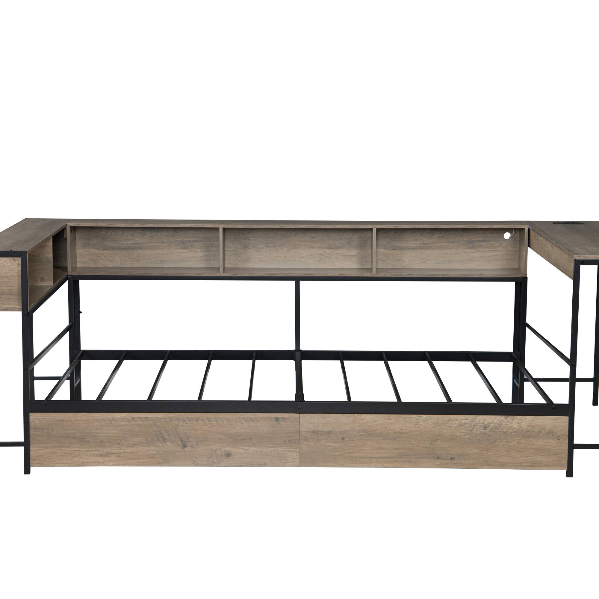 Alt View 6. GOODSILO - Compact Twin Corner Bed Frame with Integrated Bookcase, Underbed Storage Drawers, LED Lighting, and Charging Station - Grey.